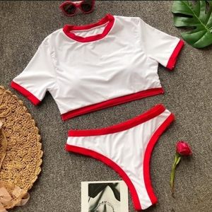Red and white high waisted bikini